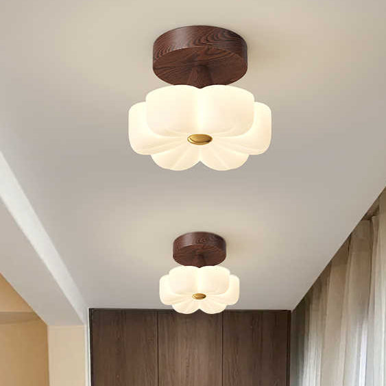 Luz de techo LED semiempotrada de madera maciza vintage tradicional con pantalla de PE para sala de estar 