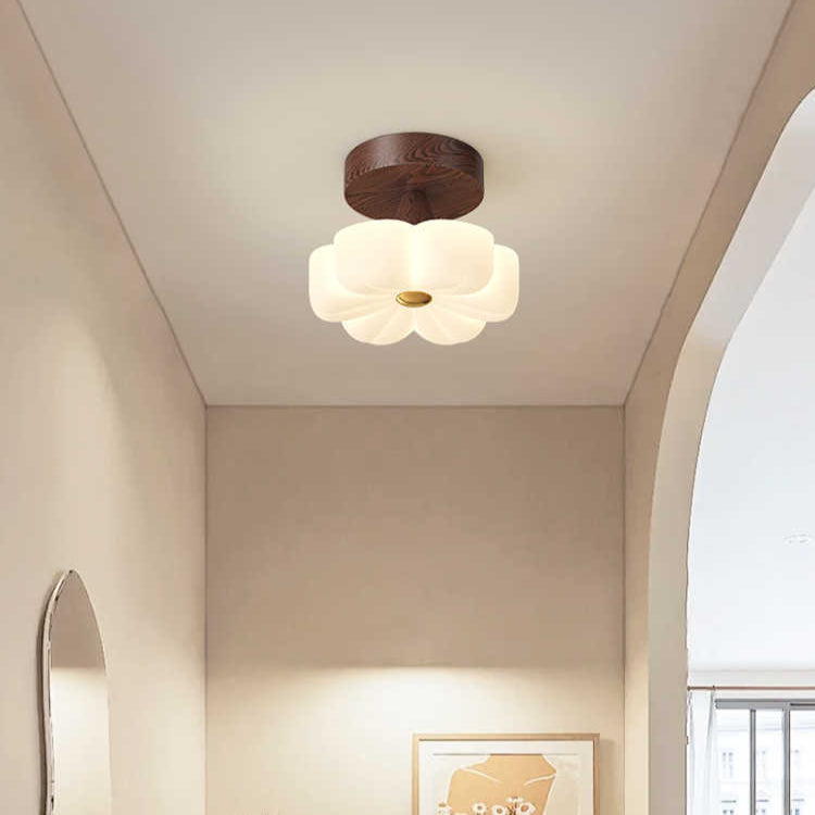 Luz de techo LED semiempotrada de madera maciza vintage tradicional con pantalla de PE para sala de estar 