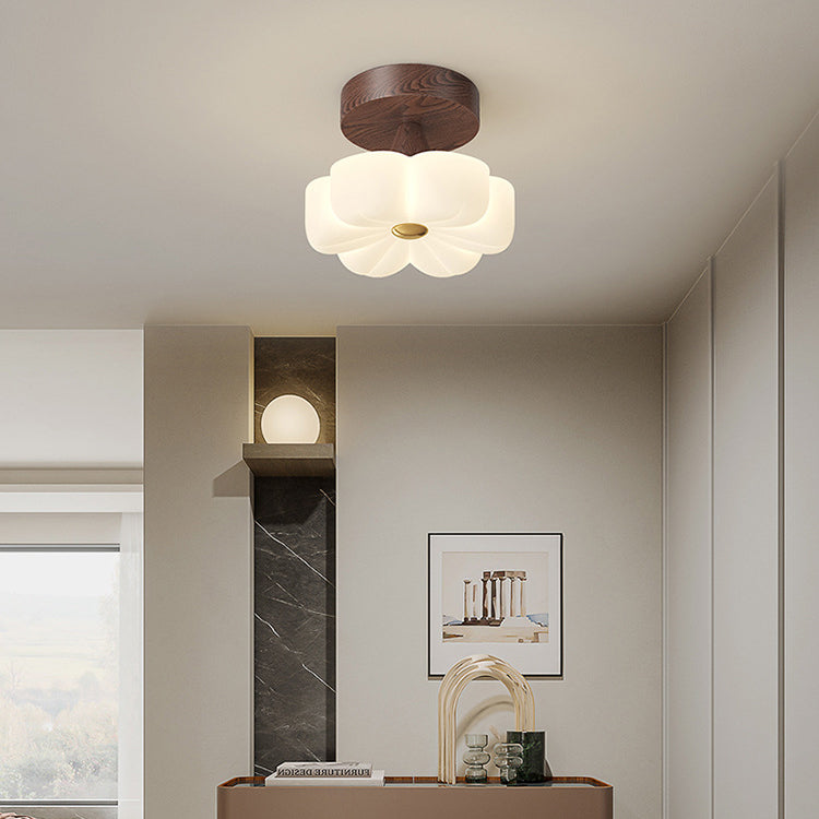 Luz de techo LED semiempotrada de madera maciza vintage tradicional con pantalla de PE para sala de estar 