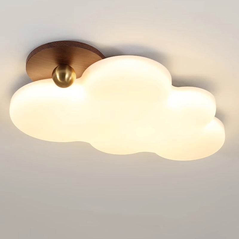 Contemporary Retro Solid Wood PE Cloud Shade LED Flush Mount Ceiling Light For Bedroom
