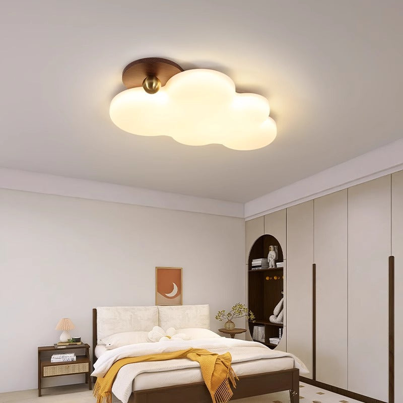 Contemporary Retro Solid Wood PE Cloud Shade LED Flush Mount Ceiling Light For Bedroom