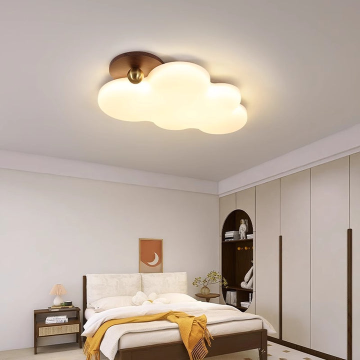 Contemporary Retro Solid Wood PE Cloud Shade LED Flush Mount Ceiling Light For Bedroom