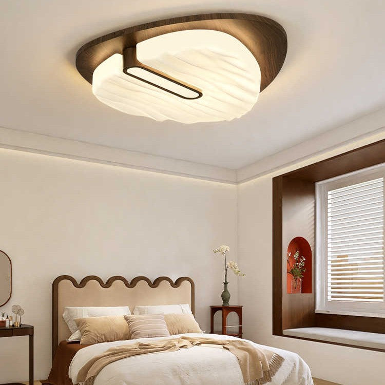 Plafonnier LED contemporain rétro en fer avec abat-jour rond en grain de bois de noyer pour chambre 