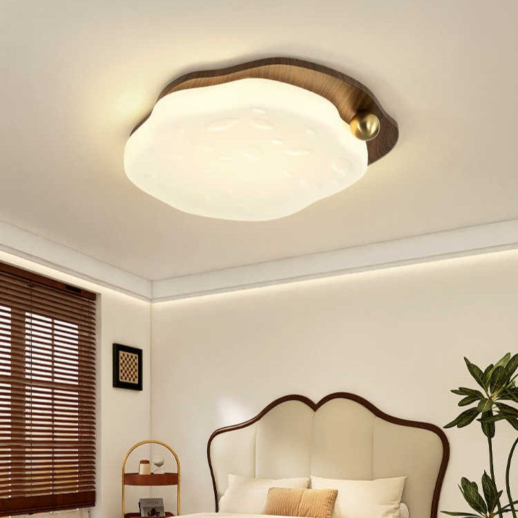 Plafonnier LED contemporain rétro en fer avec abat-jour rond en grain de bois de noyer pour chambre 