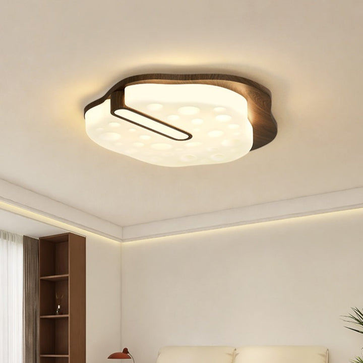 Plafonnier LED contemporain rétro en fer avec abat-jour rond en grain de bois de noyer pour chambre 