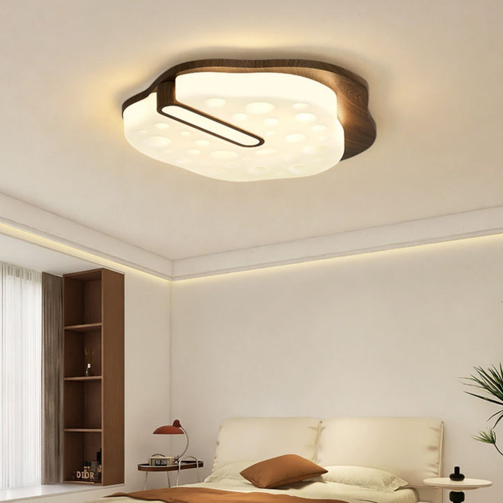 Plafonnier LED contemporain rétro en fer avec abat-jour rond en grain de bois de noyer pour chambre 