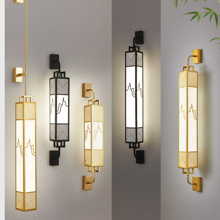 Lámpara de pared LED con pantalla rectangular de imitación mármol de acero al carbono chino tradicional para sala de estar 
