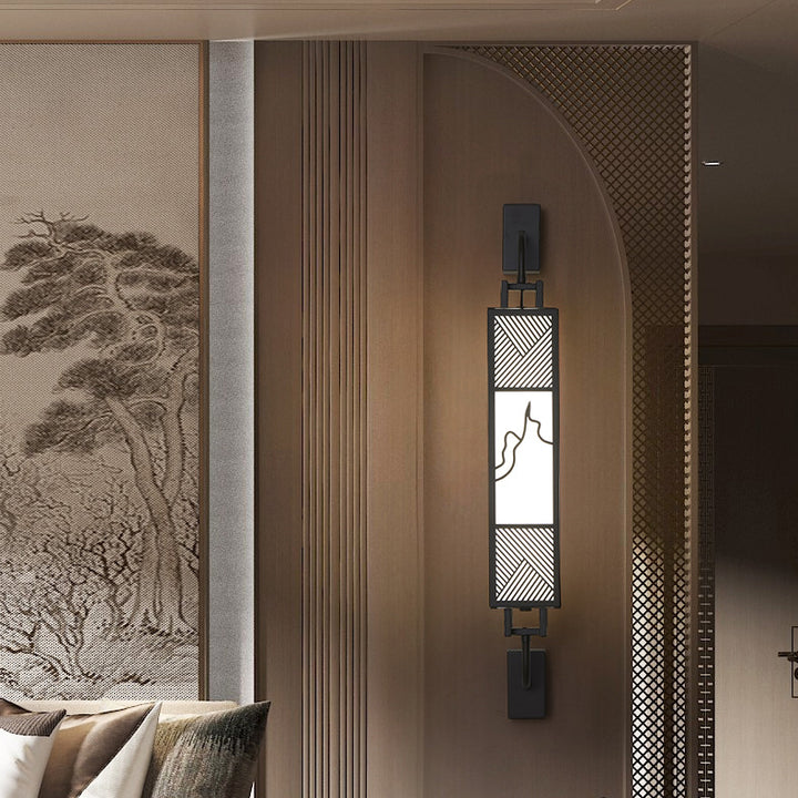 Lámpara de pared LED con pantalla rectangular de imitación mármol de acero al carbono chino tradicional para sala de estar 