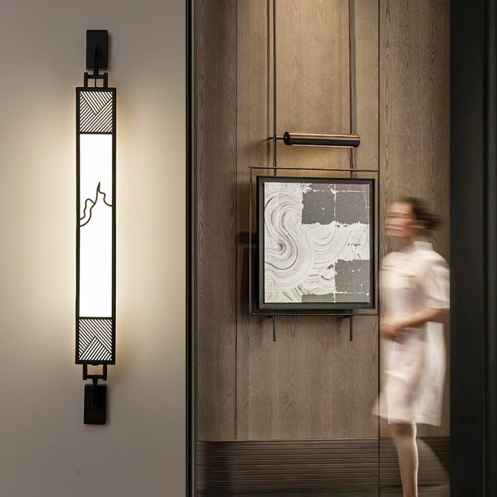 Lámpara de pared LED con pantalla rectangular de imitación mármol de acero al carbono chino tradicional para sala de estar 