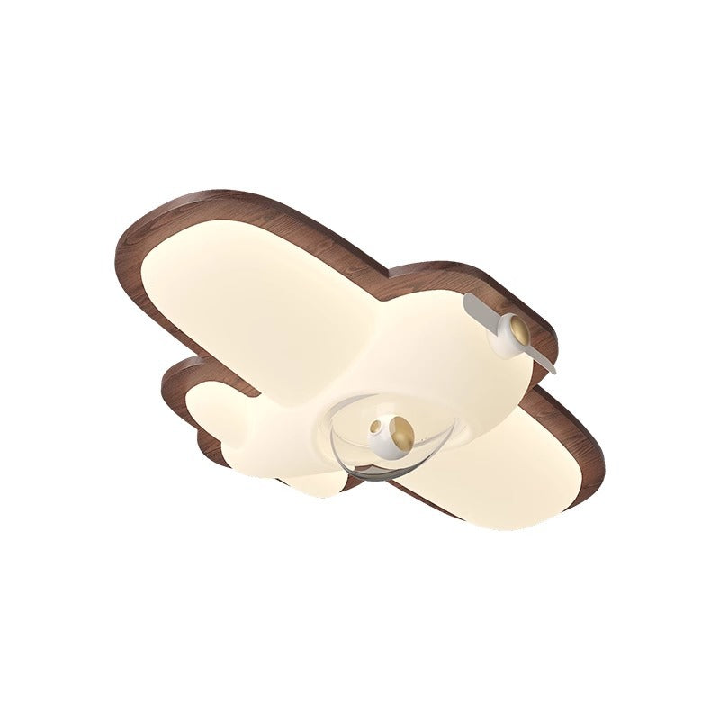 Contemporary Creative Cartoon Aircraft PE Shade Solid Wood LED Flush Mount Ceiling Light For Bedroom