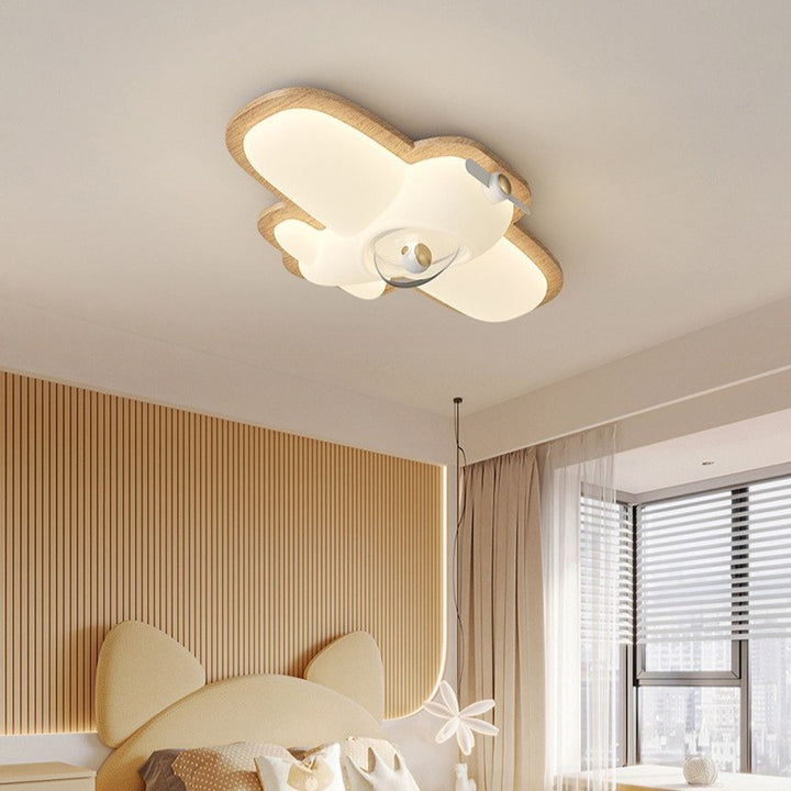 Contemporary Creative Cartoon Aircraft PE Shade Solid Wood LED Flush Mount Ceiling Light For Bedroom