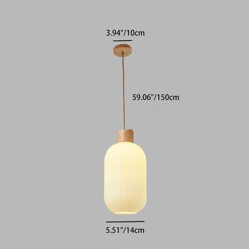 Suspension 1 Lumière en Verre Cylindrique Japonais Traditionnel et Bois Massif pour Salon 