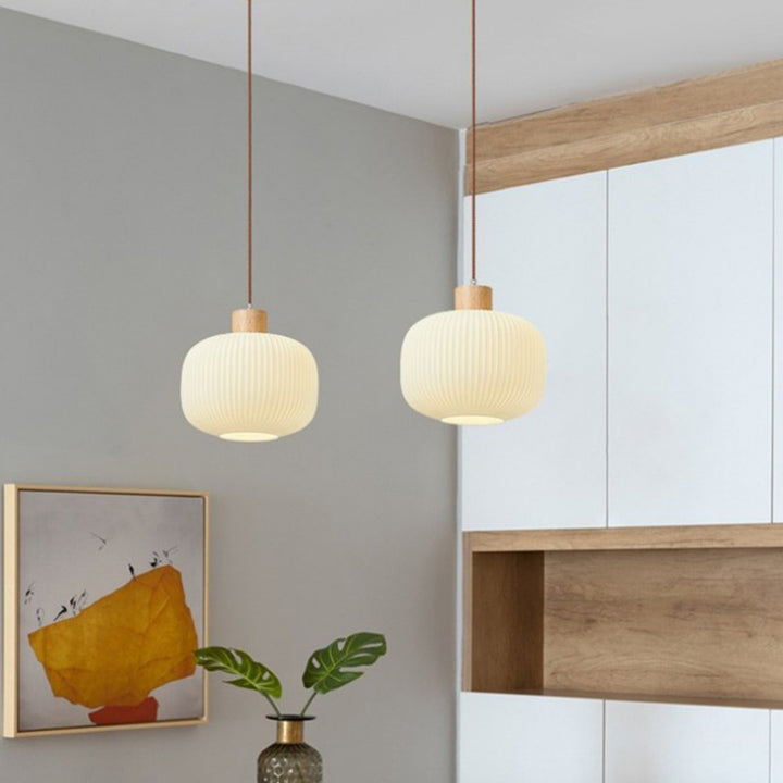 Suspension 1 Lumière en Verre Cylindrique Japonais Traditionnel et Bois Massif pour Salon 