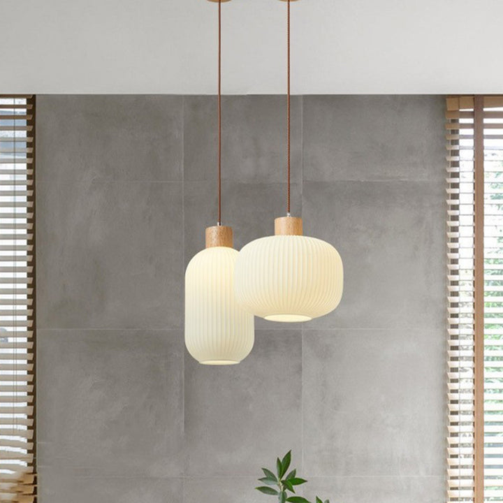 Suspension 1 Lumière en Verre Cylindrique Japonais Traditionnel et Bois Massif pour Salon 
