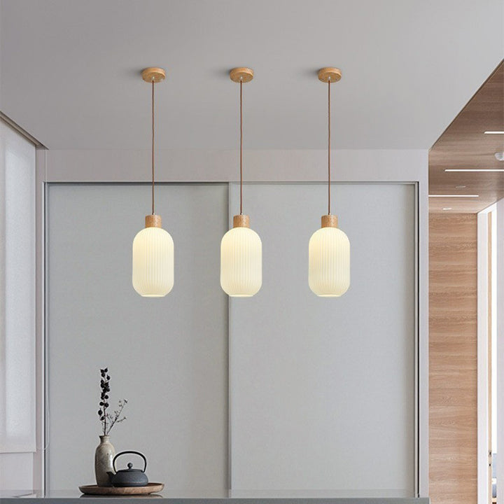 Suspension 1 Lumière en Verre Cylindrique Japonais Traditionnel et Bois Massif pour Salon 