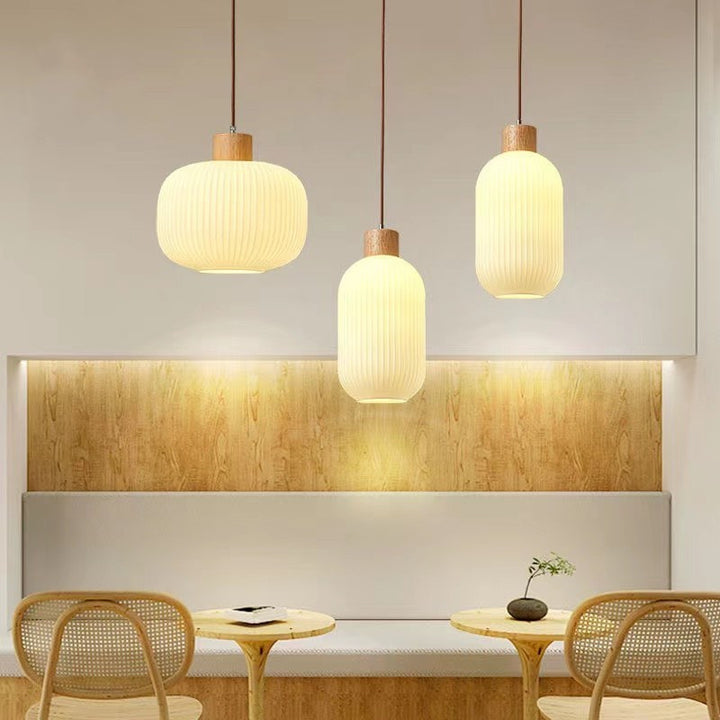 Suspension 1 Lumière en Verre Cylindrique Japonais Traditionnel et Bois Massif pour Salon 