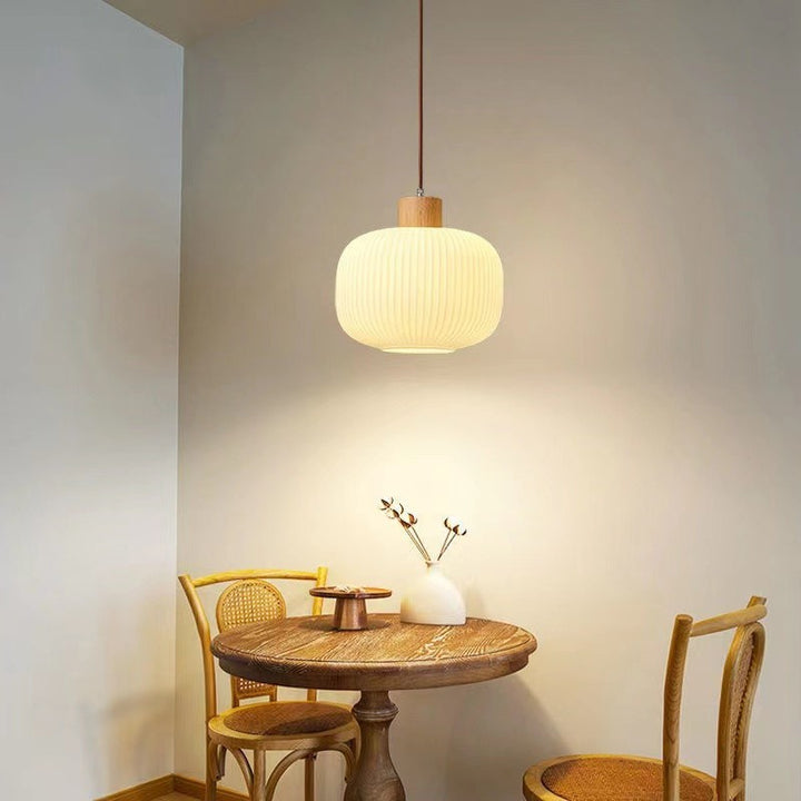 Suspension 1 Lumière en Verre Cylindrique Japonais Traditionnel et Bois Massif pour Salon 