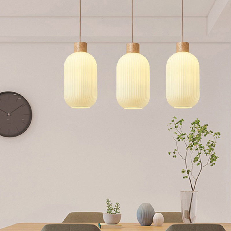 Suspension 1 Lumière en Verre Cylindrique Japonais Traditionnel et Bois Massif pour Salon 