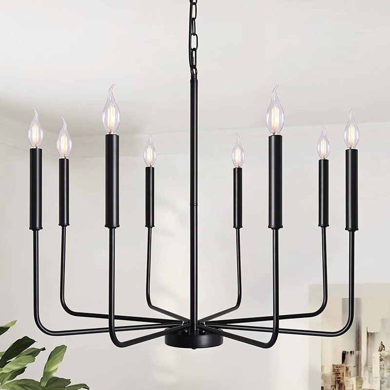 Candelabro de 8 luces con marco de hierro rústico tradicional y vidrio para sala de estar 