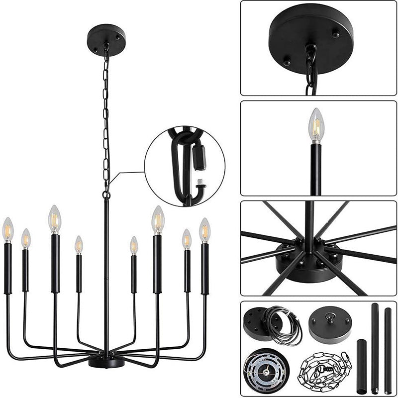 Candelabro de 8 luces con marco de hierro rústico tradicional y vidrio para sala de estar 