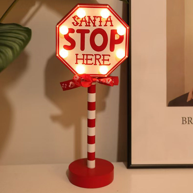 Lámpara de mesa LED de metal y madera con decoración de señal de carretera creativa contemporánea de Navidad para sala de estar 