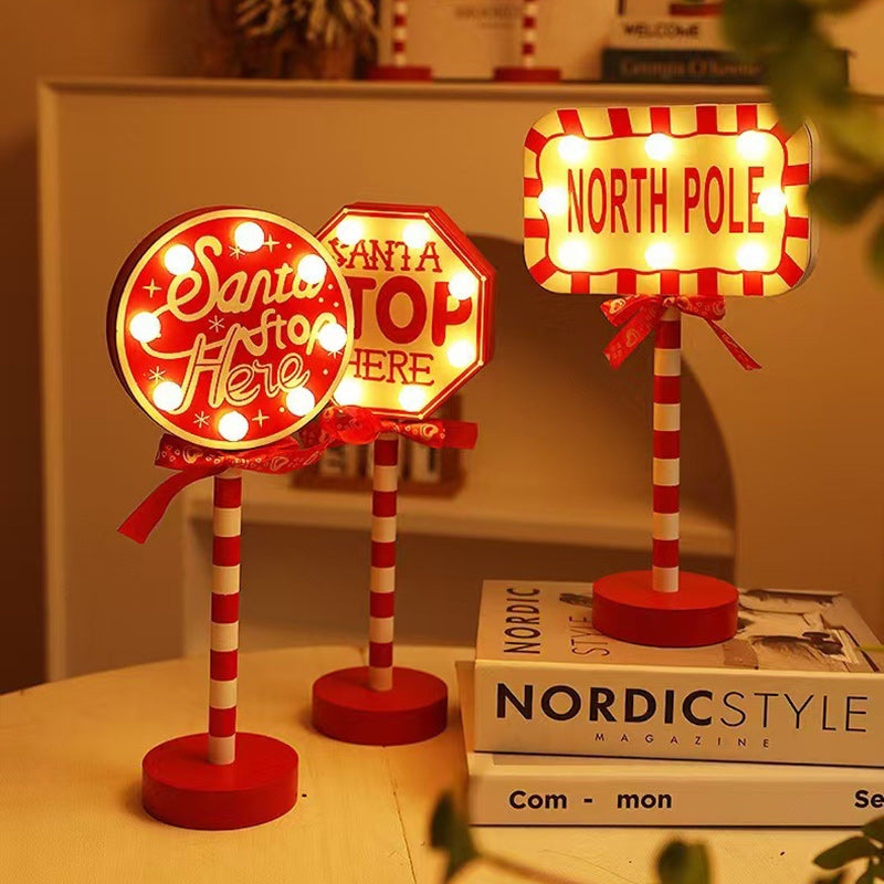 Lámpara de mesa LED de metal y madera con decoración de señal de carretera creativa contemporánea de Navidad para sala de estar 