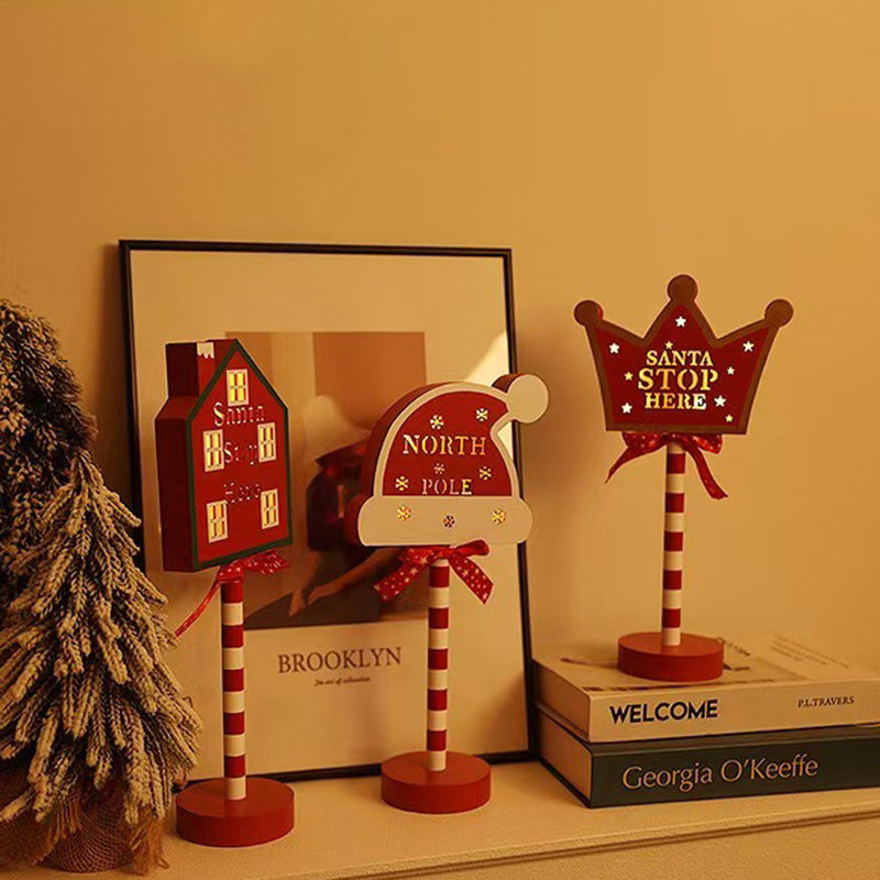 Lámpara de mesa LED de metal y madera con decoración de señal de carretera creativa contemporánea de Navidad para sala de estar 