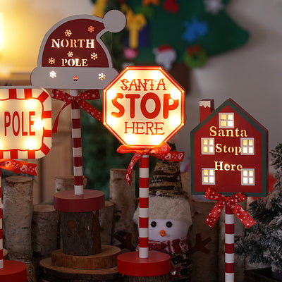 Lámpara de mesa LED de metal y madera con decoración de señal de carretera creativa contemporánea de Navidad para sala de estar 
