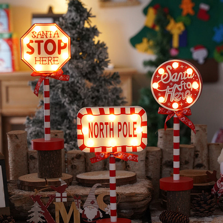 Contemporary Creative Christmas Road Sign Decoration Wooden Metal LED Table Lamp For Living Room