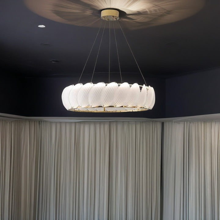 Traditional French Stainless Steel Feather Glass Ring LED Pendant Light For Bedroom