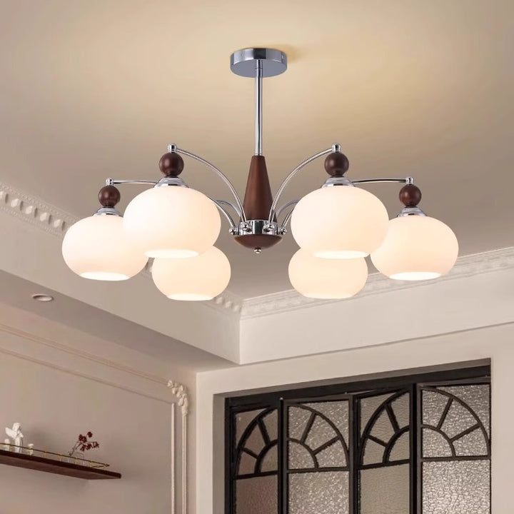 Traditioneller französischer Eisen-Massivholz-Glas-Rundschirm 6/8-Licht-Kronleuchter für Wohnzimmer 