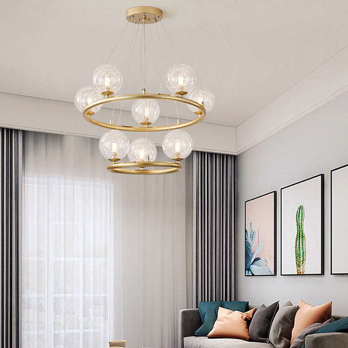 Zeitgenössischer Luxus-Doppel-Eisen-Kreis-Rahmen-Glaskugel-Schirm 8-Licht-Kronleuchter für das Wohnzimmer 
