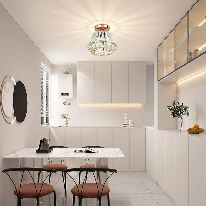 Lustre de plafond semi-encastré à 1 lumière avec abat-jour en cristal diamant étincelant de luxe contemporain pour salon 