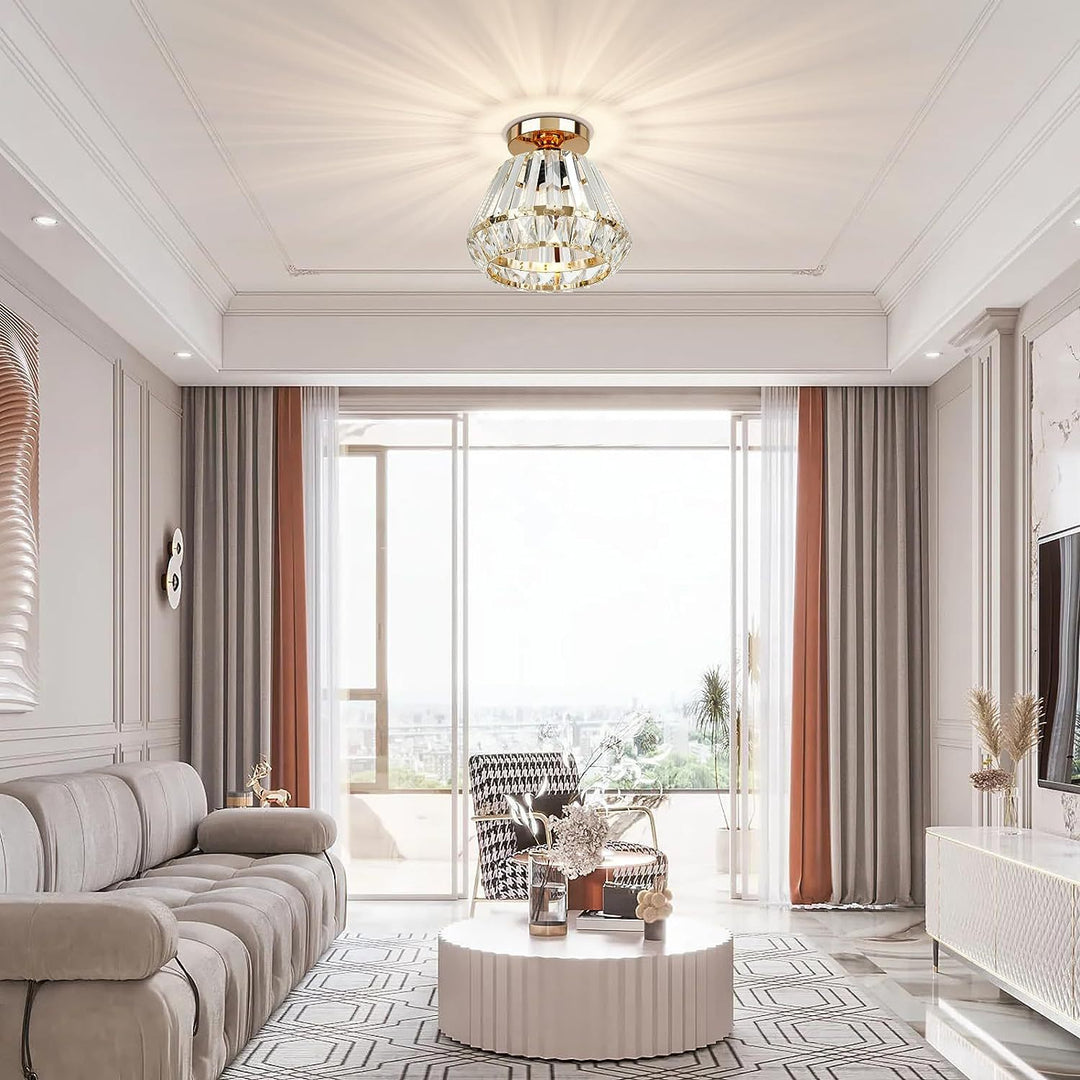 Lustre de plafond semi-encastré à 1 lumière avec abat-jour en cristal diamant étincelant de luxe contemporain pour salon 