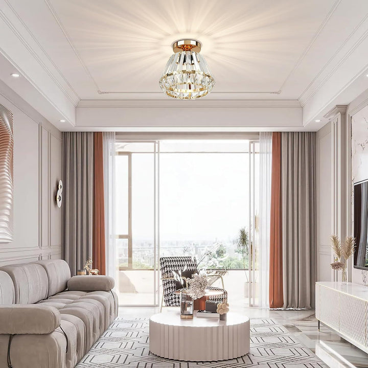 Lustre de plafond semi-encastré à 1 lumière avec abat-jour en cristal diamant étincelant de luxe contemporain pour salon 