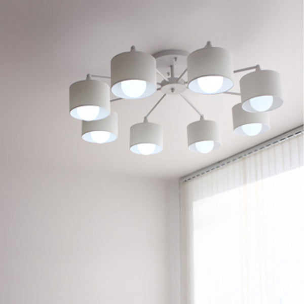 Contemporary Scandinavian Iron Fabric Cylinder Shade 8-Light Semi-Flush Mount Ceiling Light For Living Room