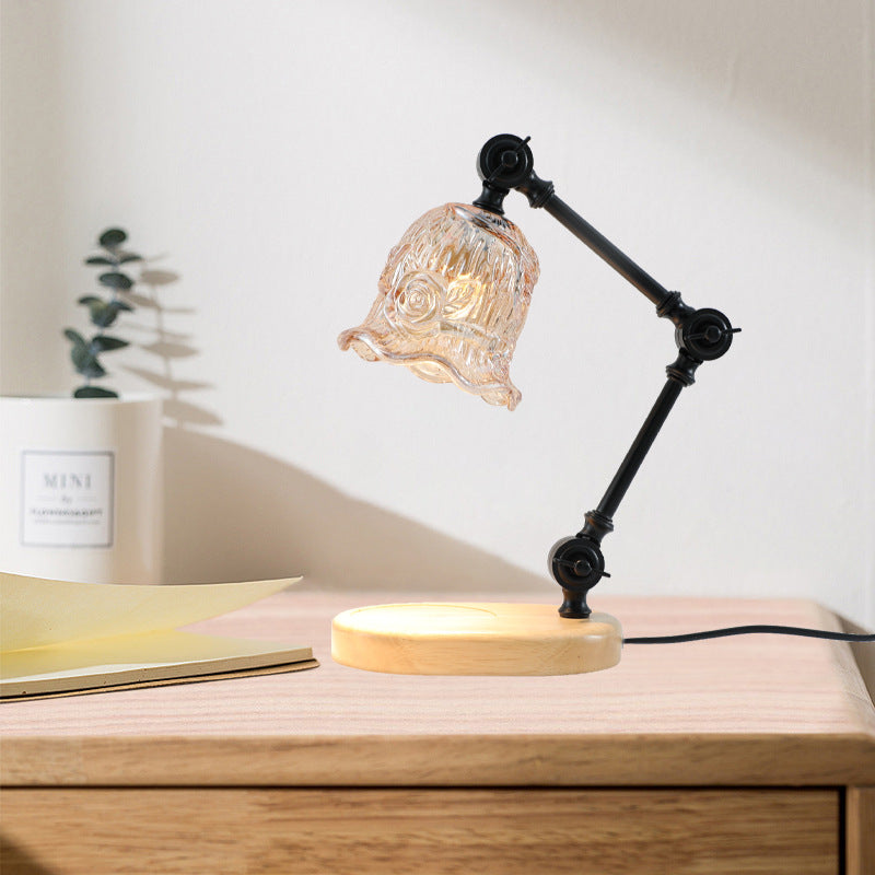 Lampe de table à cire fondante 1 lumière avec bras en fer réglable rustique traditionnel et abat-jour en verre fleur pour chambre à coucher 