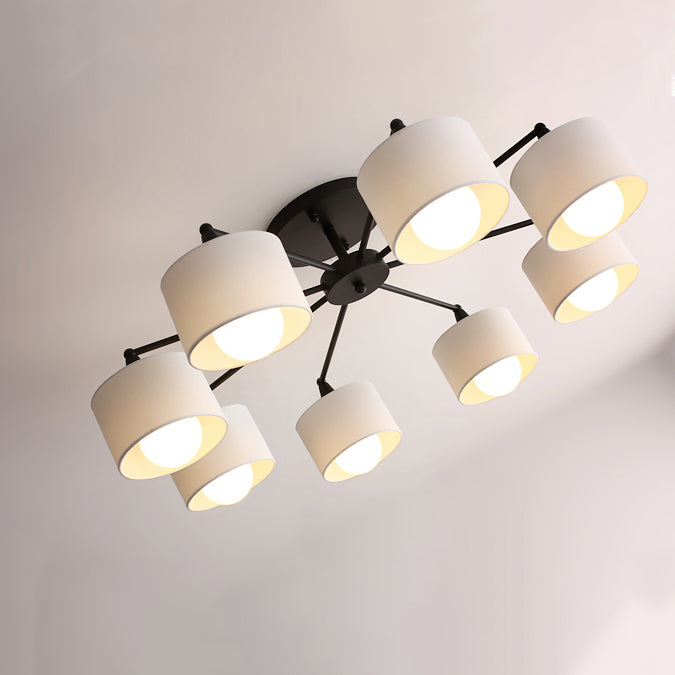 Contemporary Scandinavian Iron Fabric Cylinder Shade 8-Light Semi-Flush Mount Ceiling Light For Living Room