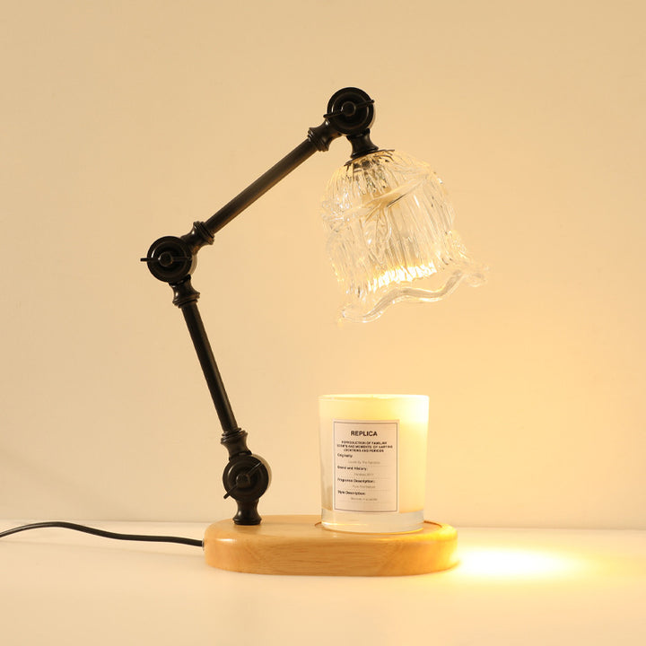 Lampe de table à cire fondante 1 lumière avec bras en fer réglable rustique traditionnel et abat-jour en verre fleur pour chambre à coucher 