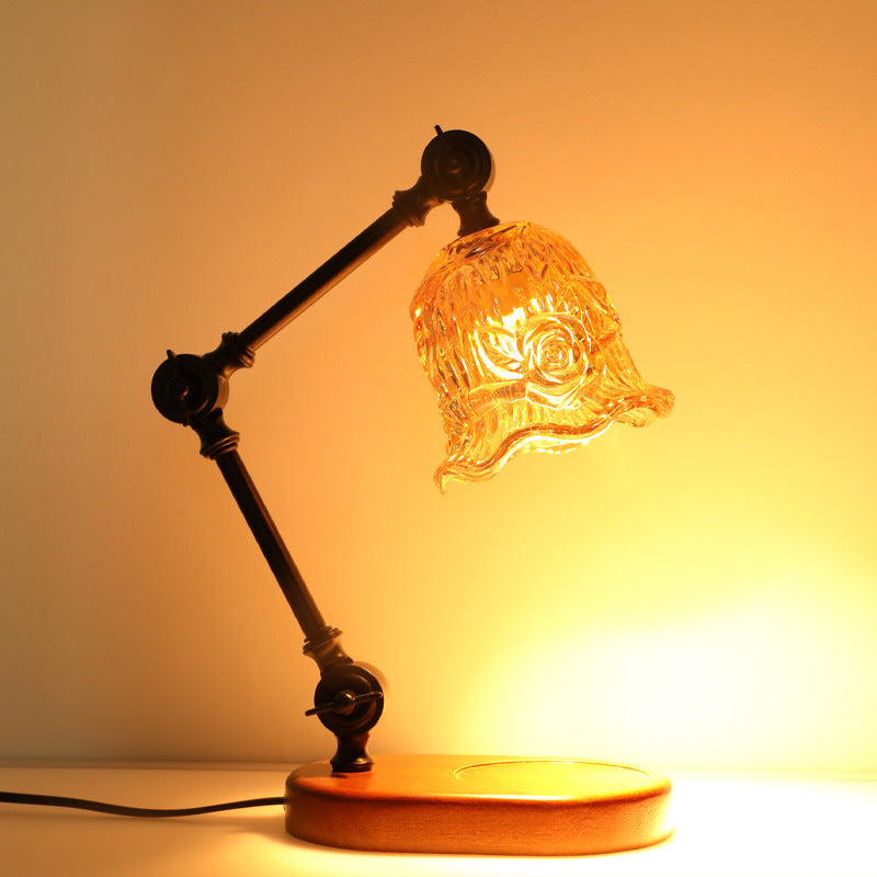 Lampe de table à cire fondante 1 lumière avec bras en fer réglable rustique traditionnel et abat-jour en verre fleur pour chambre à coucher 