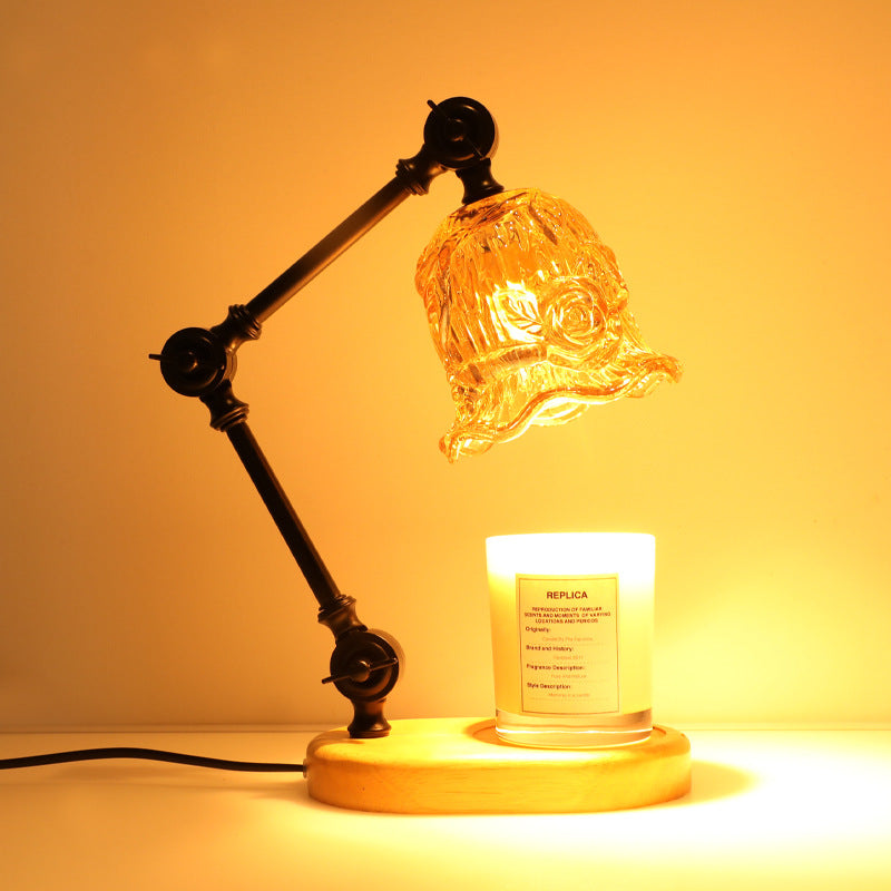 Lampe de table à cire fondante 1 lumière avec bras en fer réglable rustique traditionnel et abat-jour en verre fleur pour chambre à coucher 