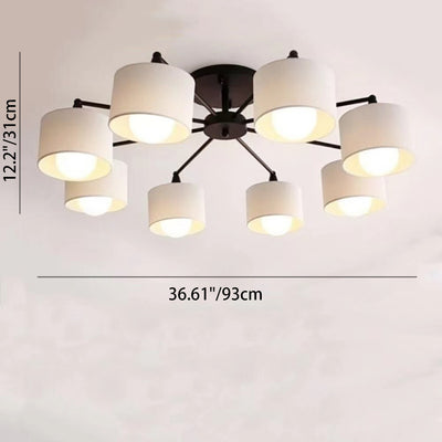 Contemporary Scandinavian Iron Fabric Cylinder Shade 8-Light Semi-Flush Mount Ceiling Light For Living Room