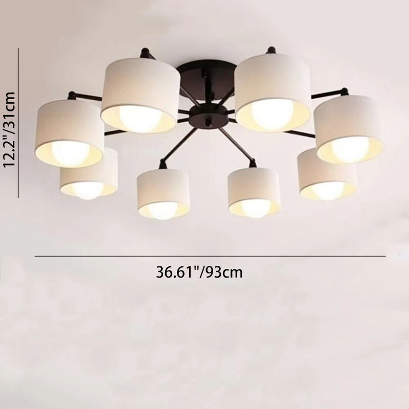 Contemporary Scandinavian Iron Fabric Cylinder Shade 8-Light Semi-Flush Mount Ceiling Light For Living Room
