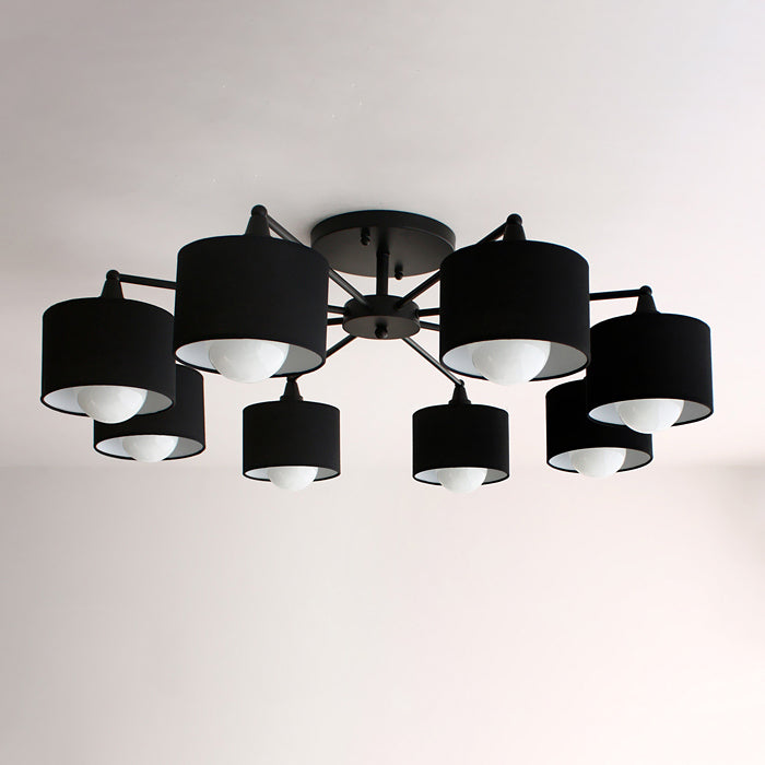 Contemporary Scandinavian Iron Fabric Cylinder Shade 8-Light Semi-Flush Mount Ceiling Light For Living Room