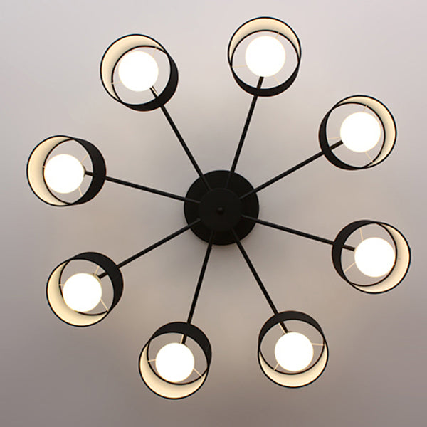 Contemporary Scandinavian Iron Fabric Cylinder Shade 8-Light Semi-Flush Mount Ceiling Light For Living Room