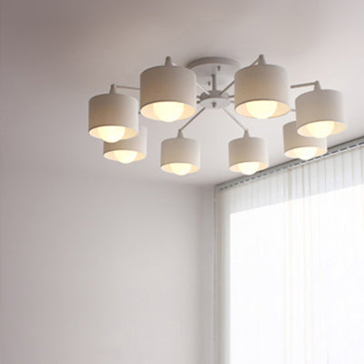 Contemporary Scandinavian Iron Fabric Cylinder Shade 8-Light Semi-Flush Mount Ceiling Light For Living Room