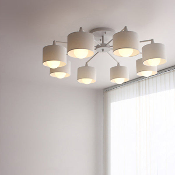 Contemporary Scandinavian Iron Fabric Cylinder Shade 8-Light Semi-Flush Mount Ceiling Light For Living Room