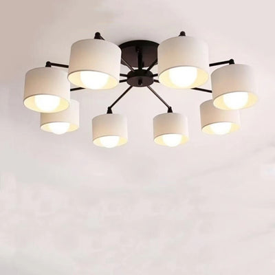 Contemporary Scandinavian Iron Fabric Cylinder Shade 8-Light Semi-Flush Mount Ceiling Light For Living Room