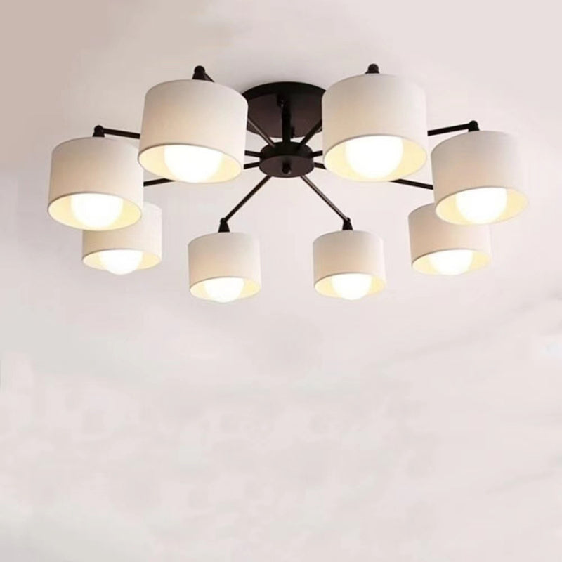 Contemporary Scandinavian Iron Fabric Cylinder Shade 8-Light Semi-Flush Mount Ceiling Light For Living Room