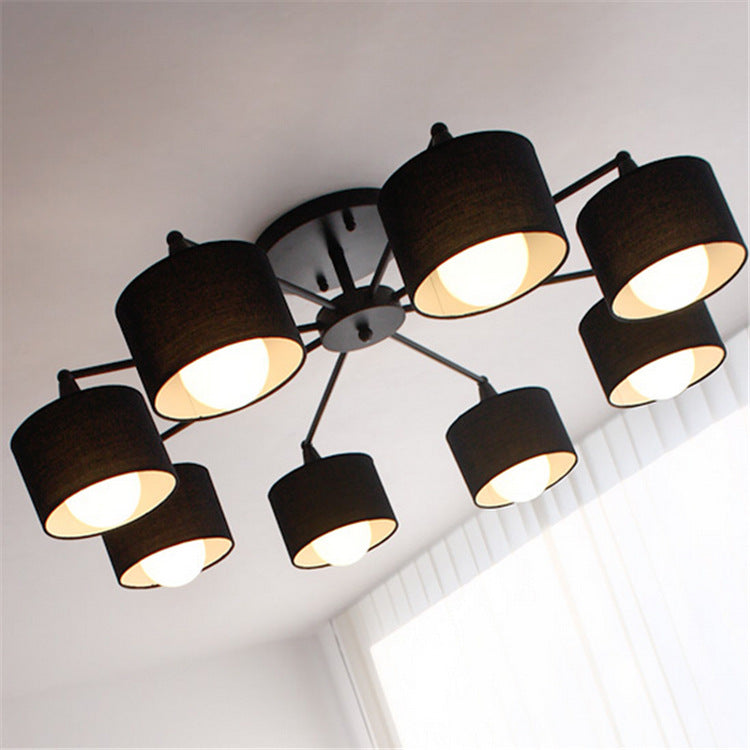 Contemporary Scandinavian Iron Fabric Cylinder Shade 8-Light Semi-Flush Mount Ceiling Light For Living Room